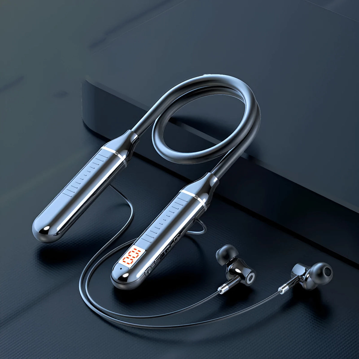 Wireless Bluetooth sports headset with power display card showing battery status and neckband design
