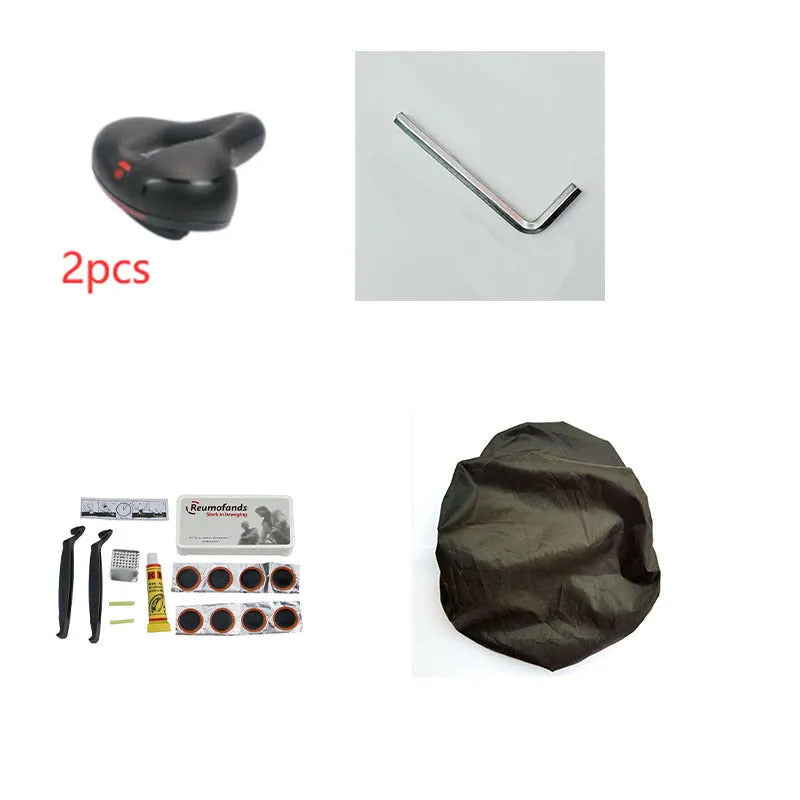 Thickened silicone bicycle saddle cushion with waterproof cover and tools kit on a bike seat.