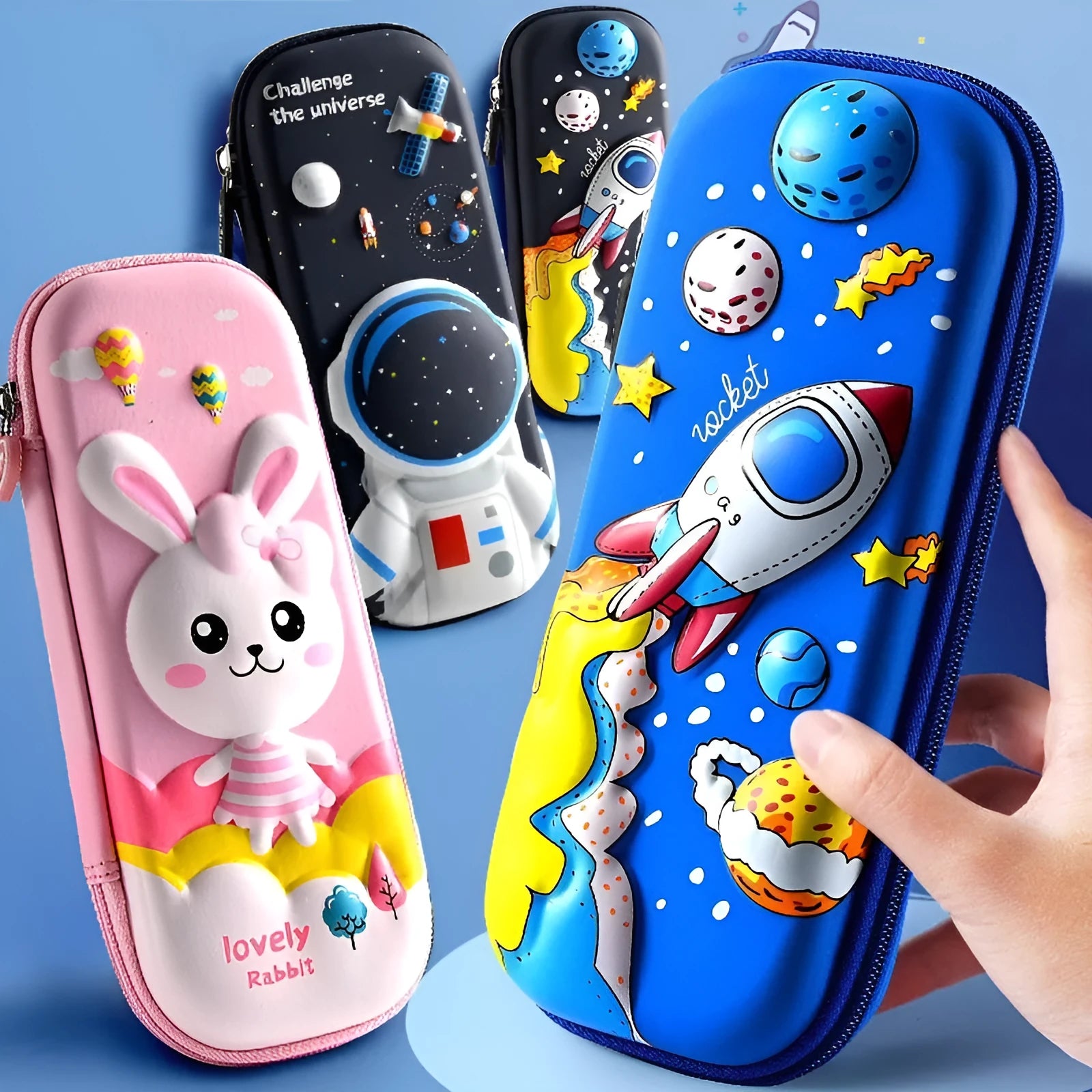 3D leather pencil case with colourful astronaut and spaceship design on a blue background