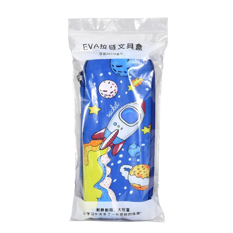 3D leather pencil case with colourful astronaut and spaceship design on a blue background