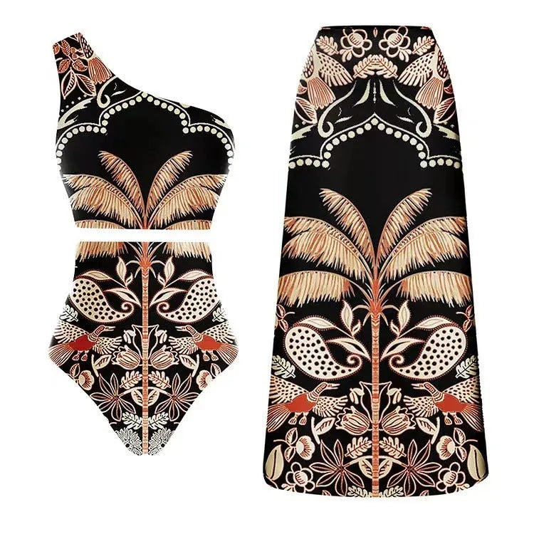 Women's black polyester one-piece swimsuit with V-neck front for beach swimming