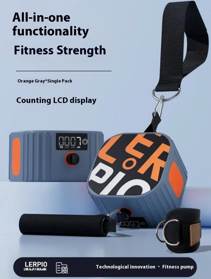 Blue grey and orange grey intelligent adjustable resistance training tensioner for full body workouts.