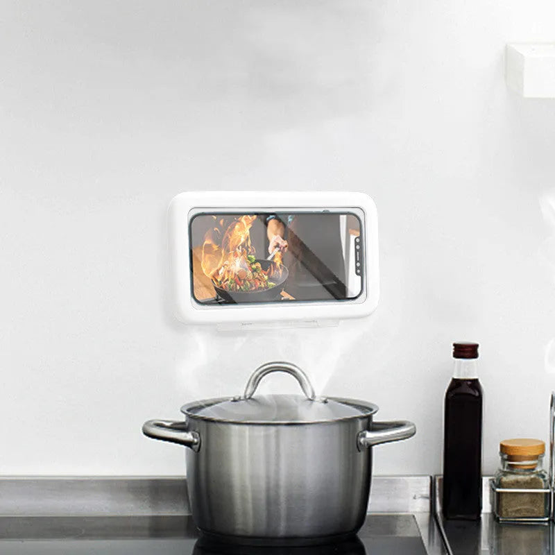 Waterproof phone holder case mounted on bathroom tile with phone visible through anti-fog window