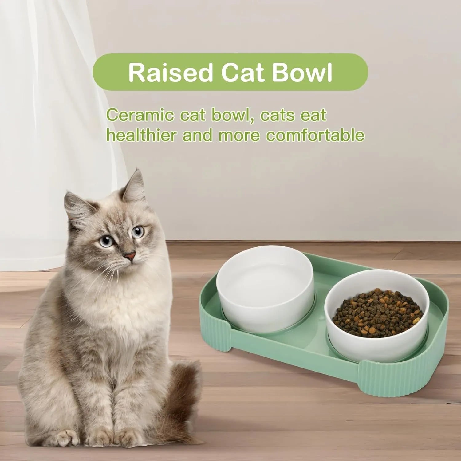 Ceramic elevated cat bowls set with green bowls on tilted stand