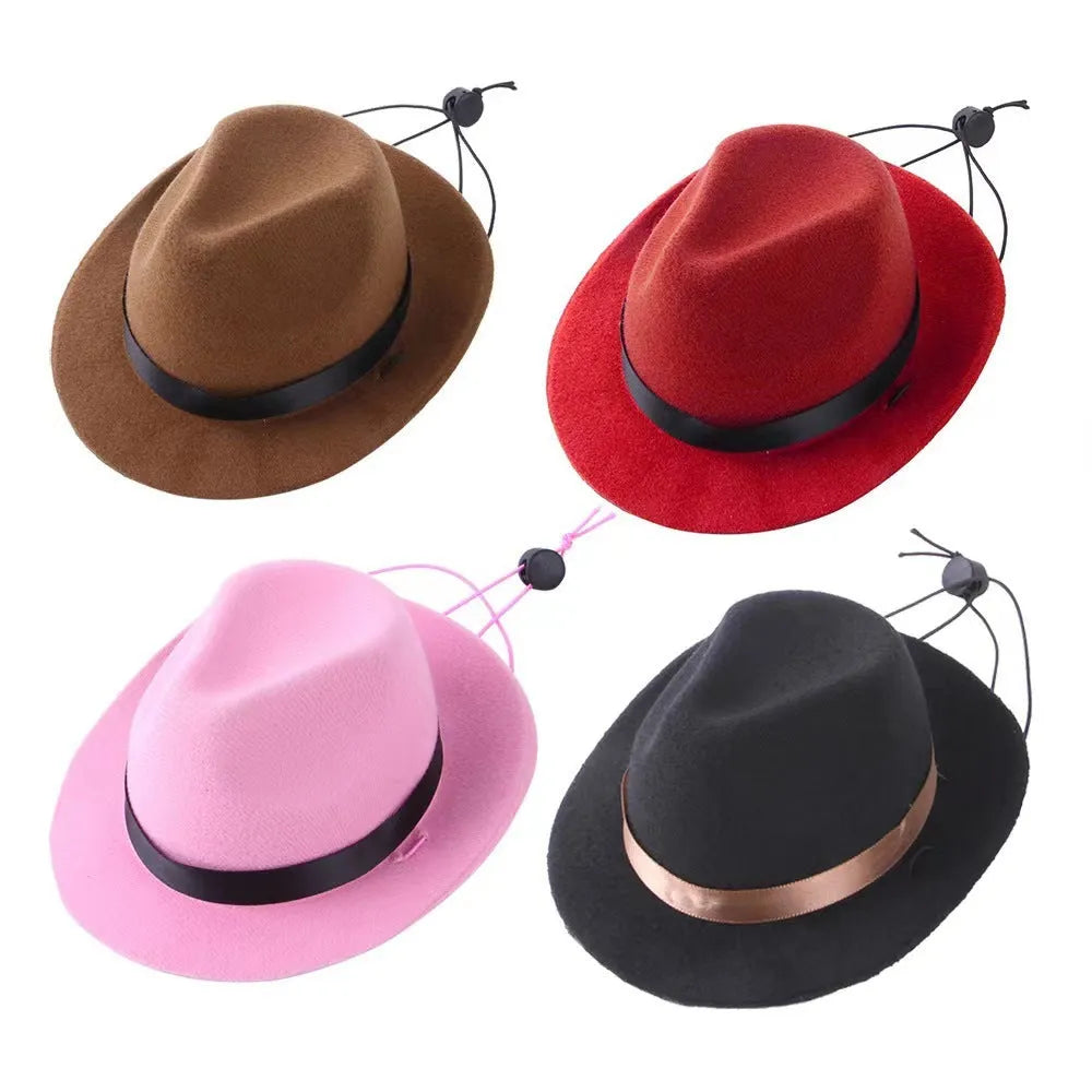Handmade wool felt mini hat for small pets in black, brown, pink or red with denim stitching