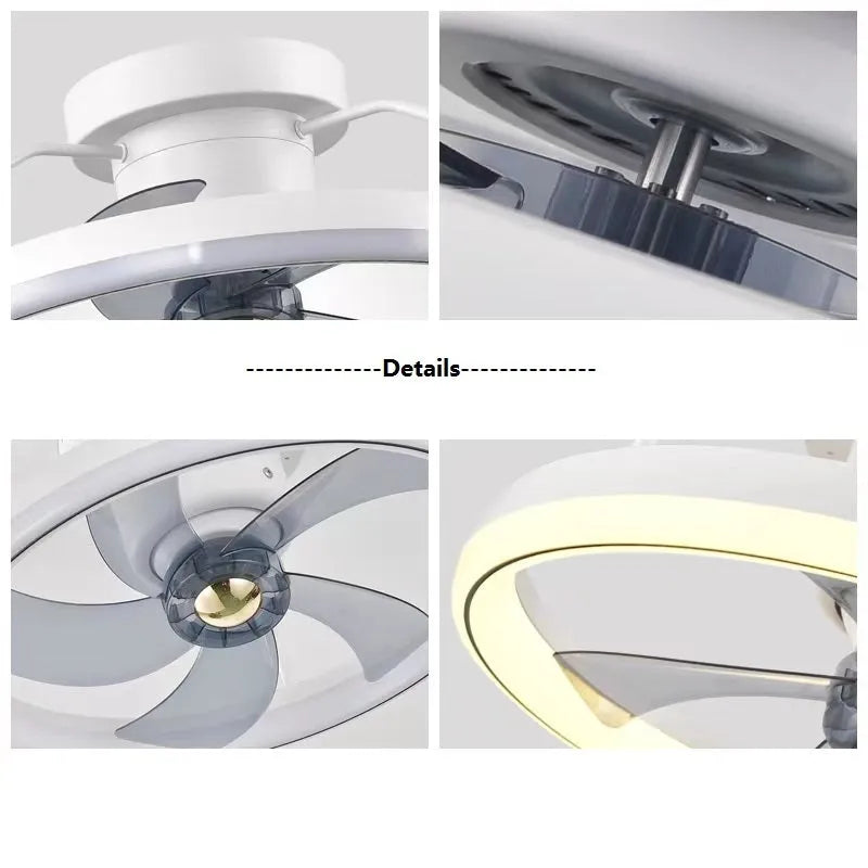 Modern ceiling fan with integrated light fixture showing 50cm diameter and acrylic lampshade