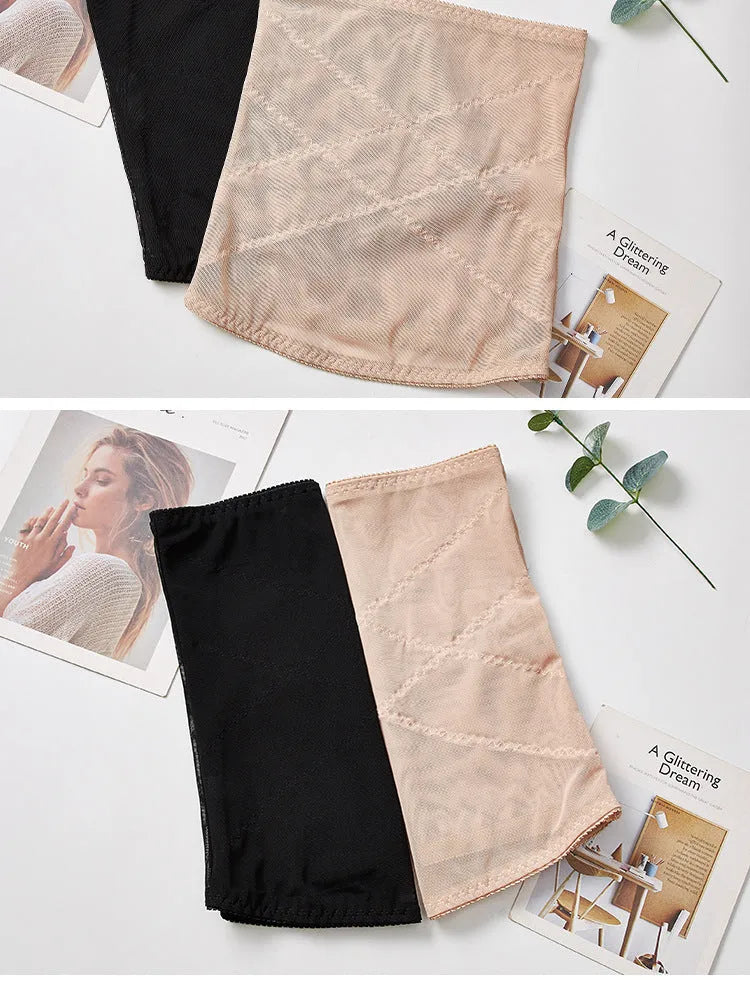 Black mesh postpartum waist trimming belt with cross strap design for tummy slimming.