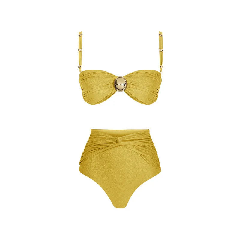 Yellow split colour high waist bikini swimsuit with separate top and bottom pieces