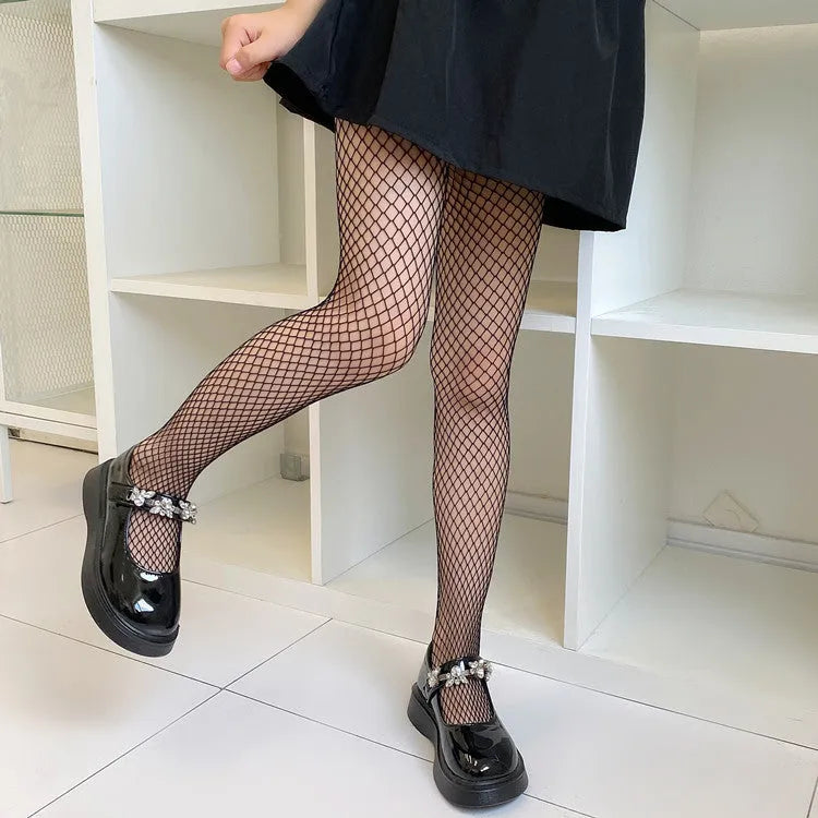 Women's summer mesh stockings showing large, medium and small net patterns in black and white colours