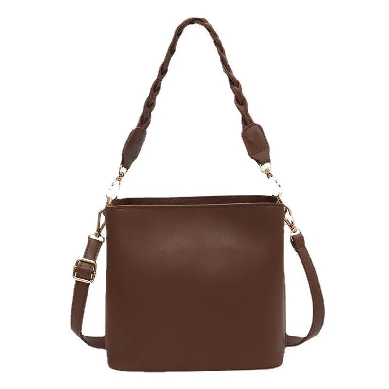 Retro brown PU weaving crossbody underarm bucket bag with one-shoulder strap