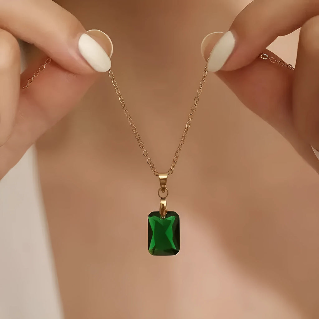 Rectangular copper pendant necklace with geometric design in XL1006 green on O-ring chain