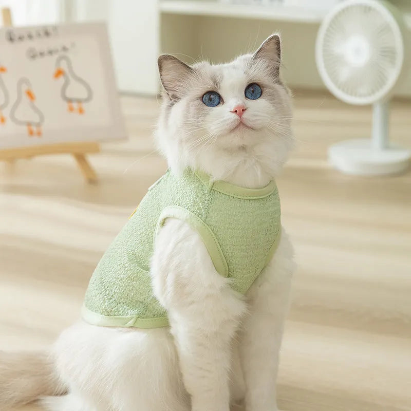 Green knitted cat clothes with hollowed-out design and cartoon bear patch decoration