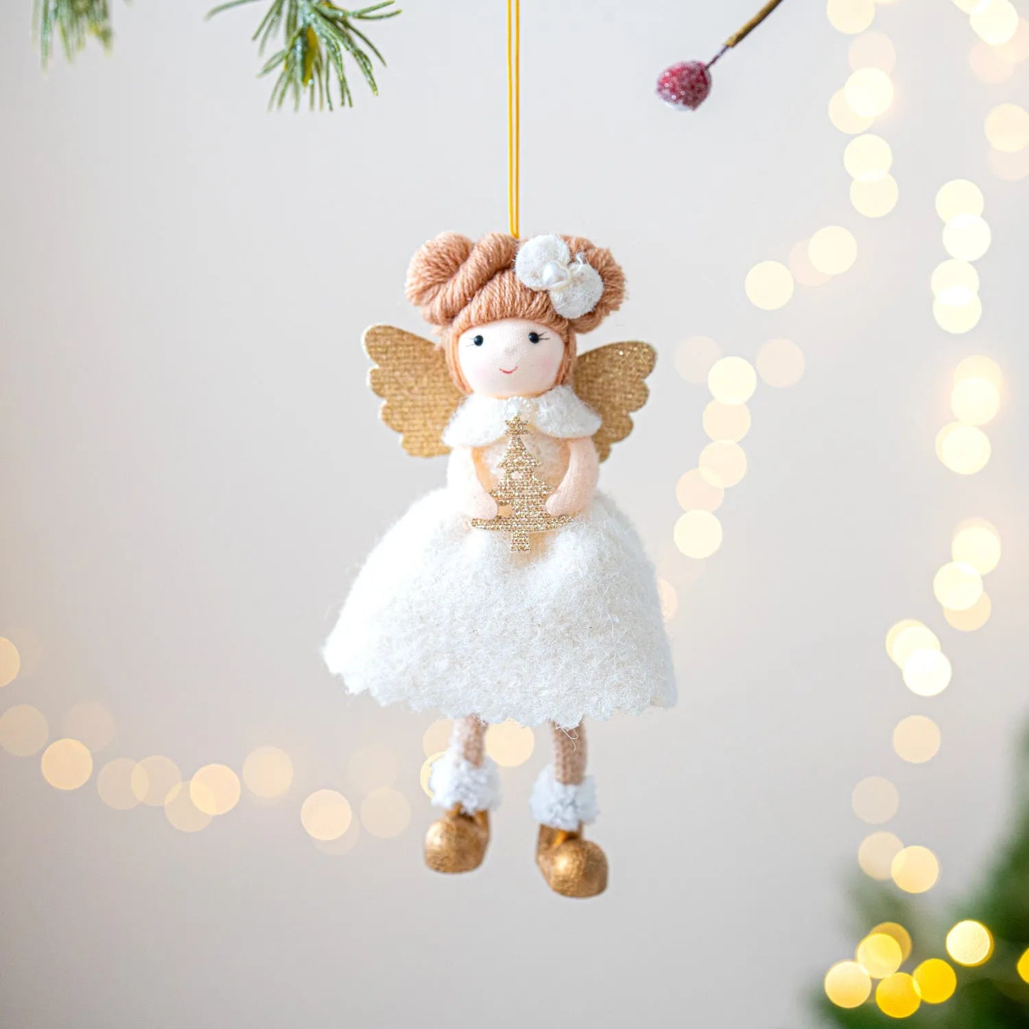 Pink and white Christmas angel wings plush pendant ornament with modern simplicity design
