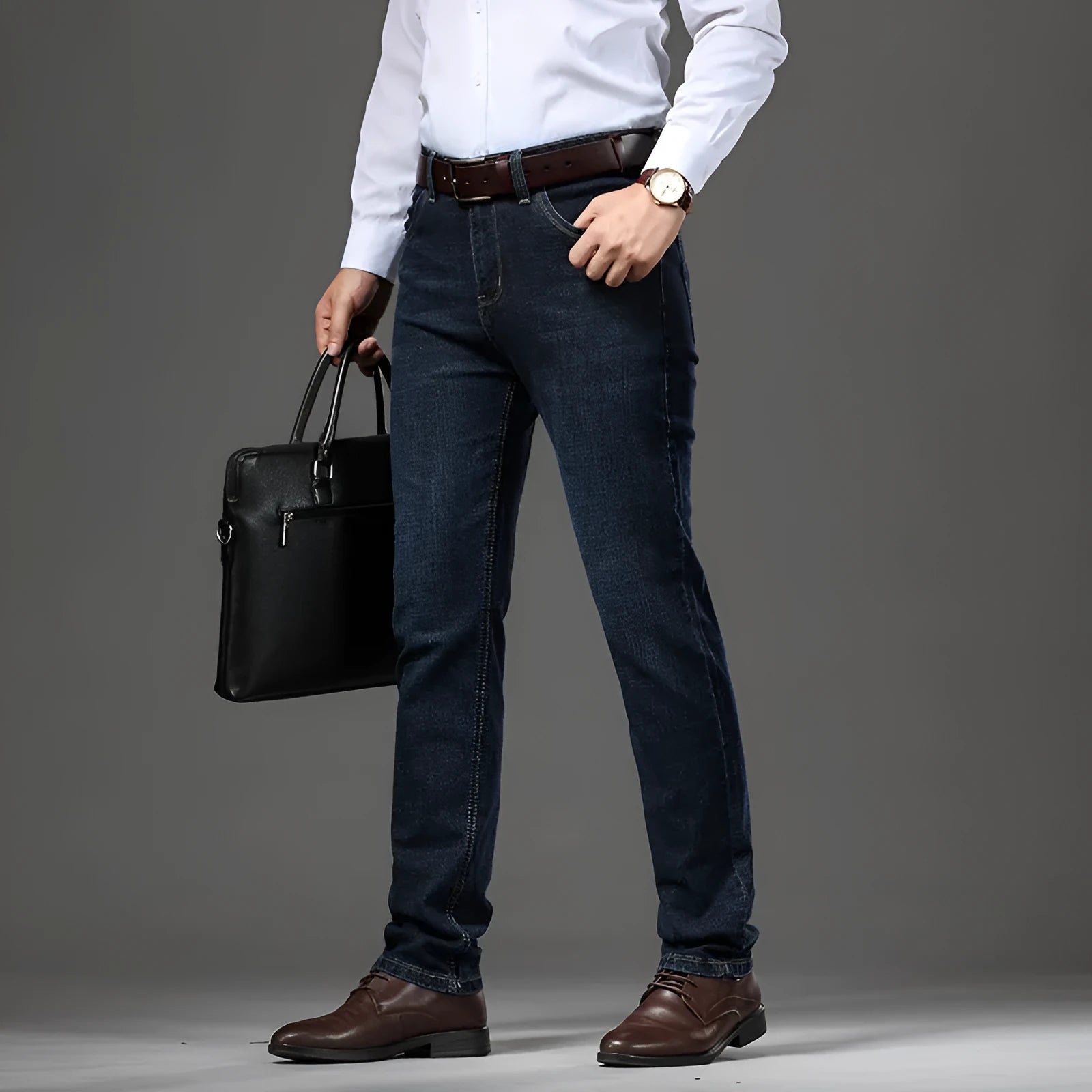 Black and blue loose fit stretch jeans straight-leg trousers on a hanger
