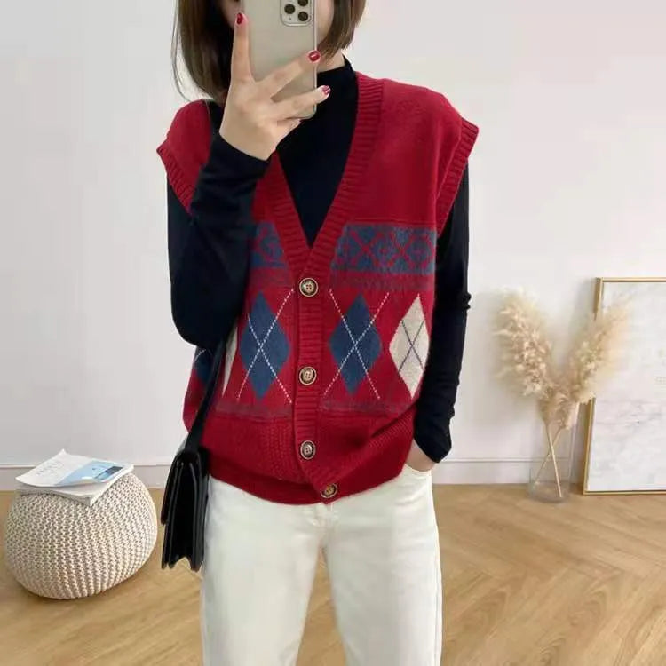 Diamond plaid pattern sleeveless cardigan top in loose fit showing khaki colour option