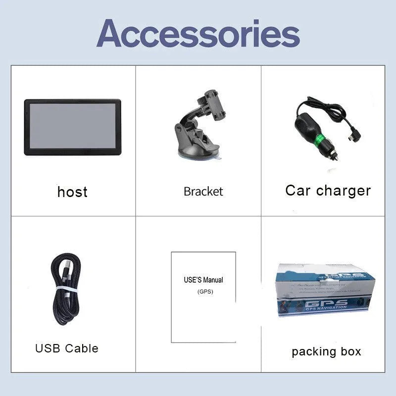 7 inch portable car GPS navigation device with HD touch screen on a dashboard bracket.
