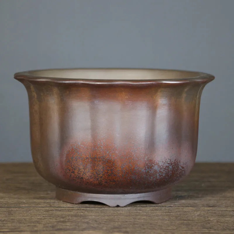 Antique carved ceramic flower pot with wood burning finish for indoor bonsai display