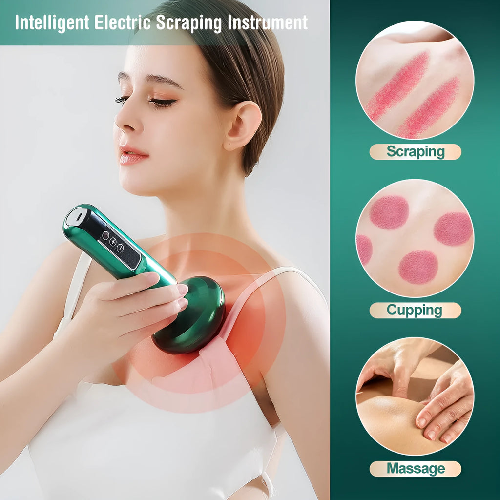 Green electric vacuum cupping massager with gua sha head on a white background.