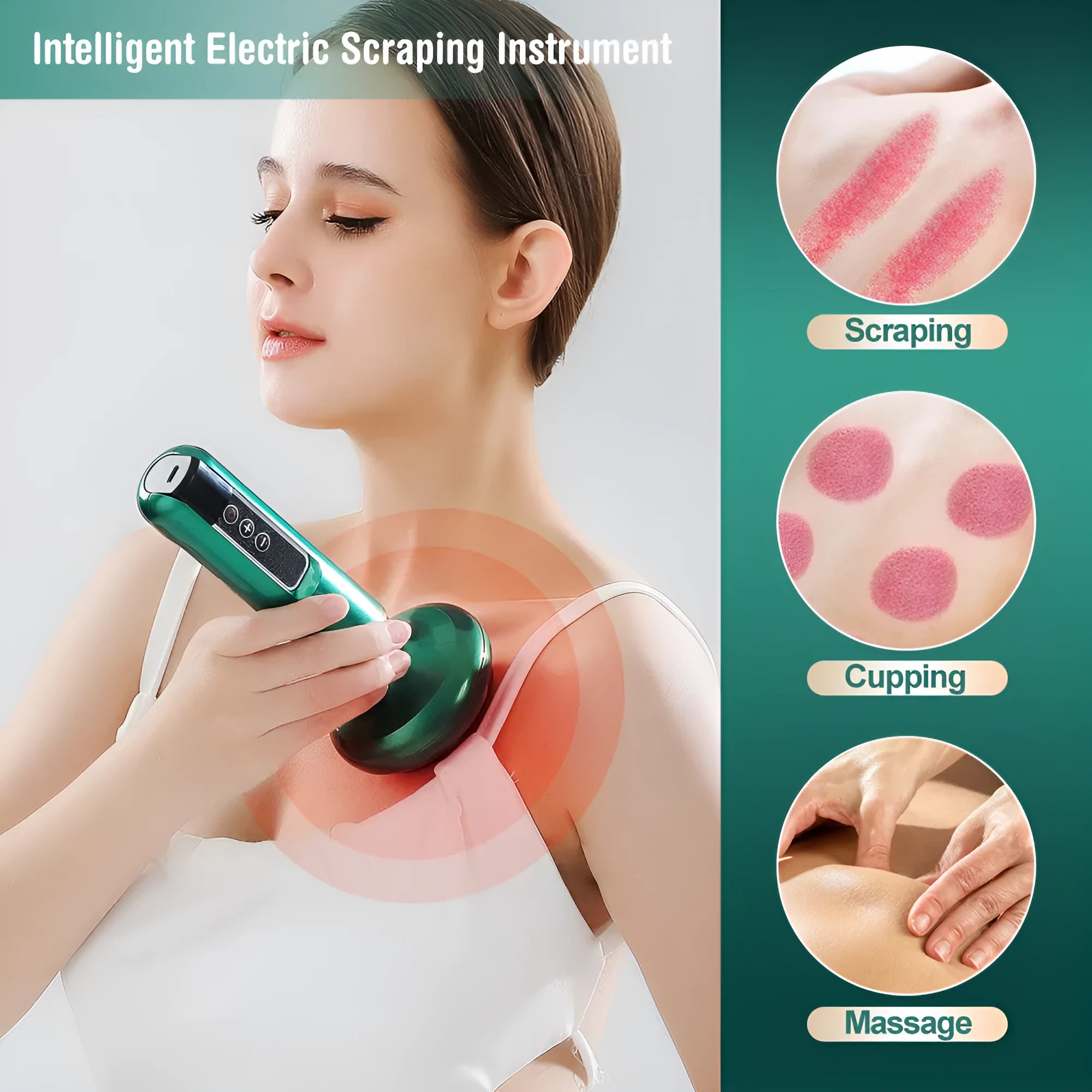 Green electric vacuum cupping massager with gua sha head on a white background.