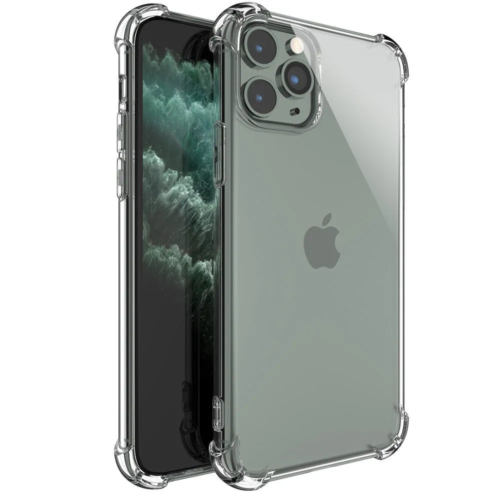 Clear transparent TPU shockproof iPhone case showing compatibility with multiple Apple phone models