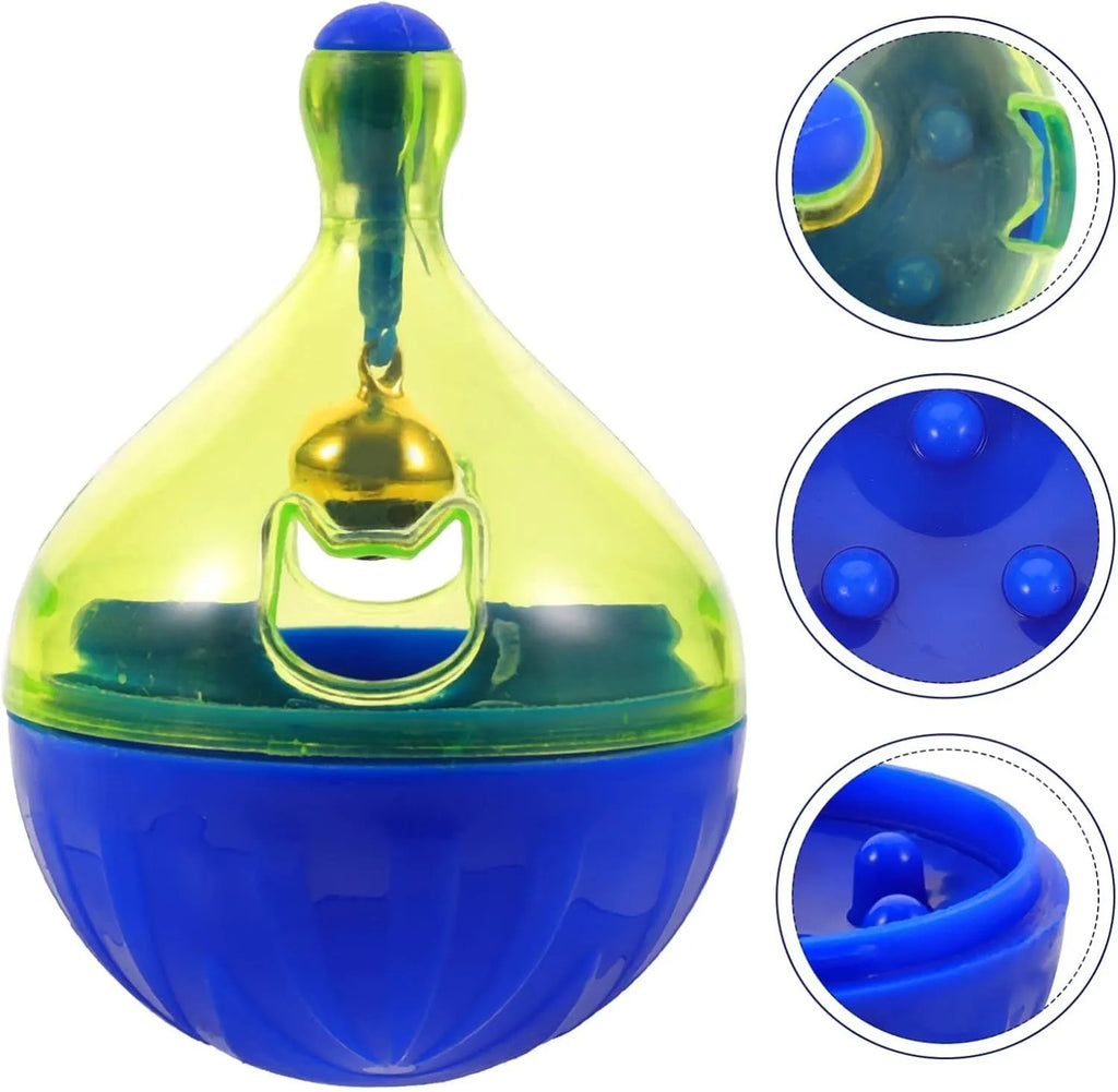 Blue and white tumbler-shaped interactive pet treat dispenser ball for dogs and cats