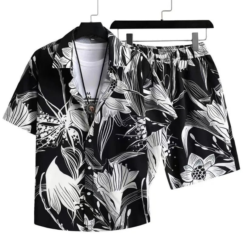 Man wearing a digital print short sleeve shirt and matching shorts from the casual suit set.