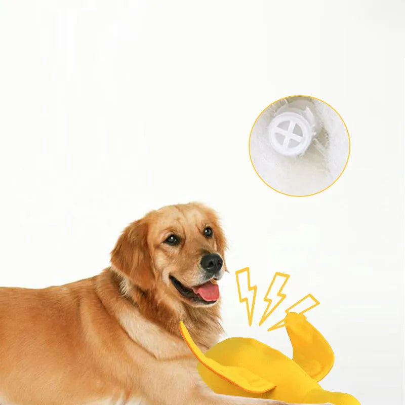 Yellow teddy dog toy with duck sound feature and treat dispensing openings for training