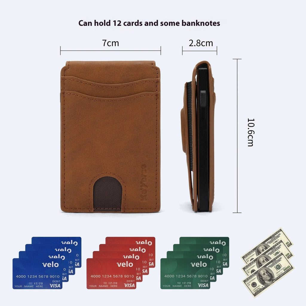 Men's slim card holder in microfiber with synthetic leather lining in black, dark brown, or light brown