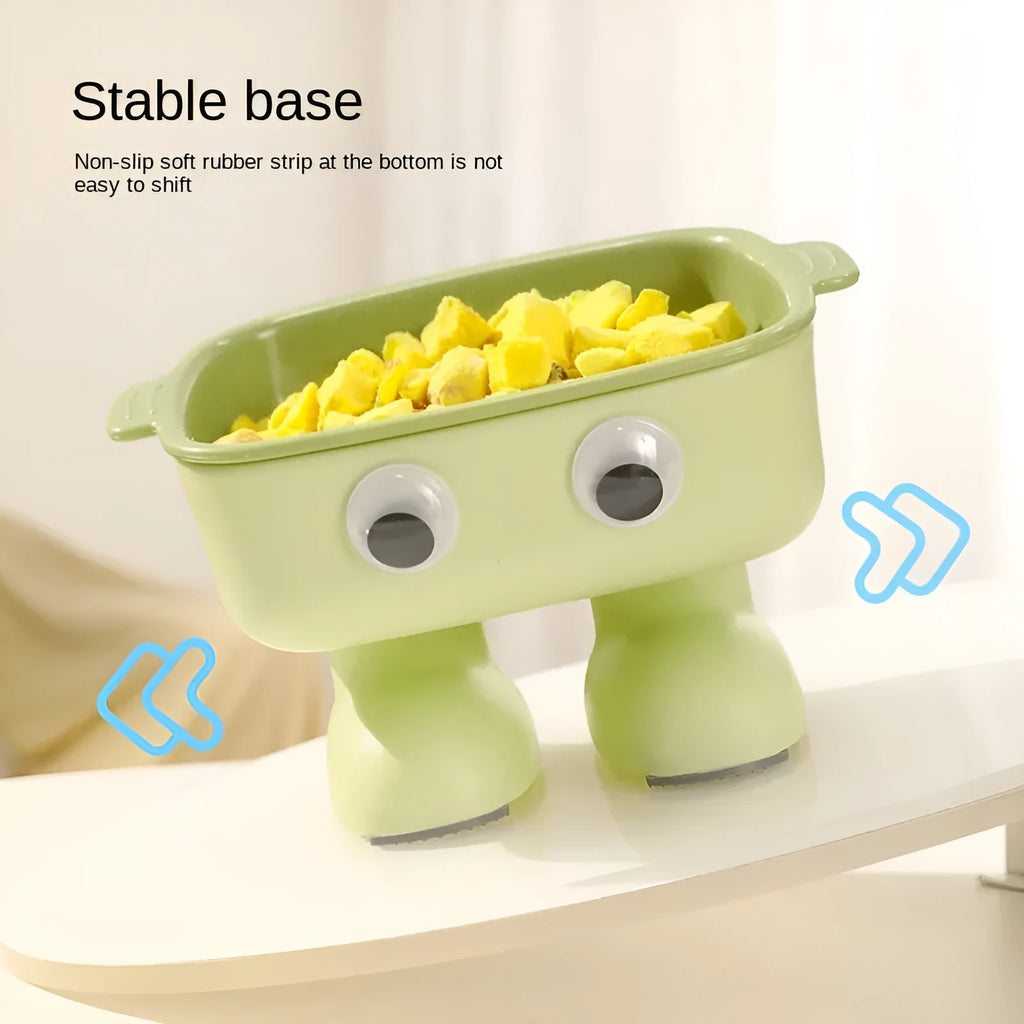 Green elevated cat bowl with cartoon robot design and 15° tilt angle
