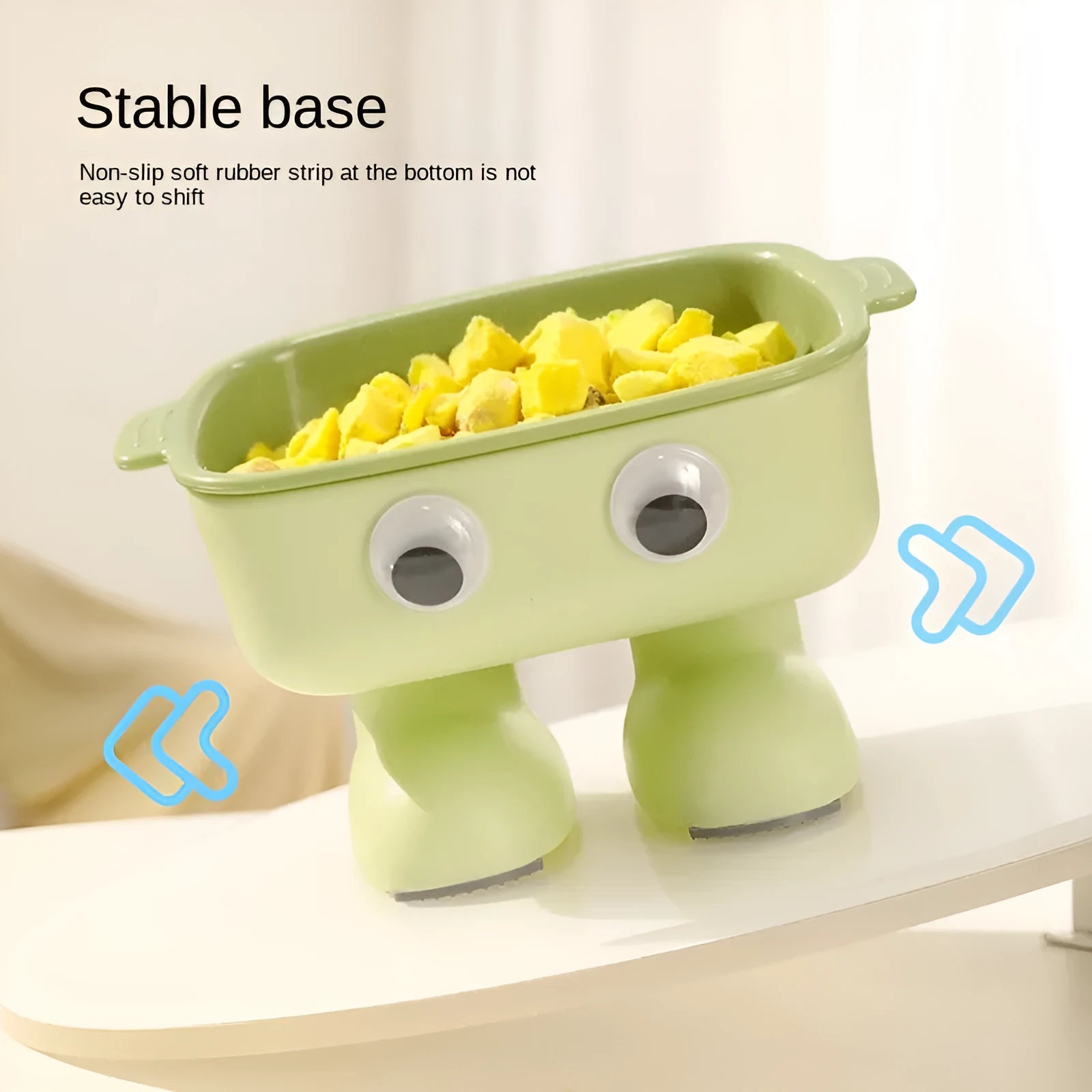 Green elevated cat bowl with cartoon robot design and 15° tilt angle