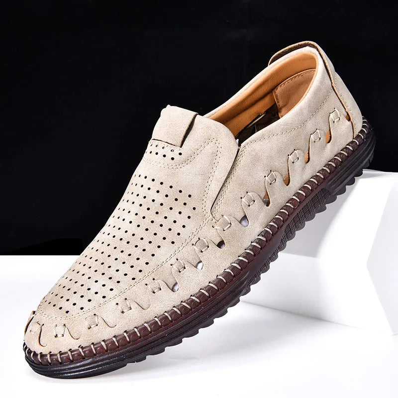 Men's brown slip-on casual shoes with a round toe and flat heel