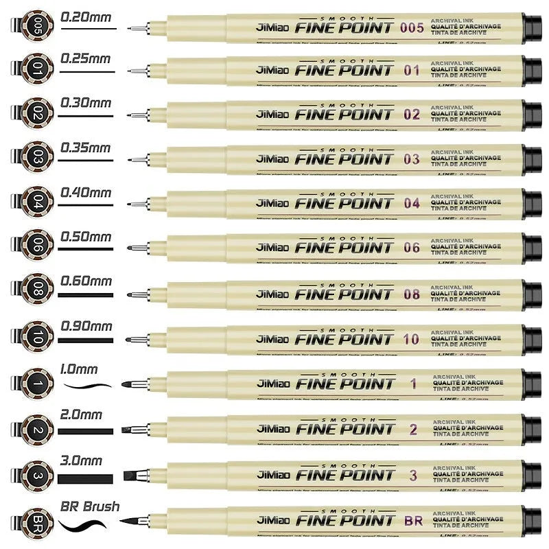 Black needle tip drawing pen with cartoon syringe and hook line artwork on a 133mm plastic barrel.