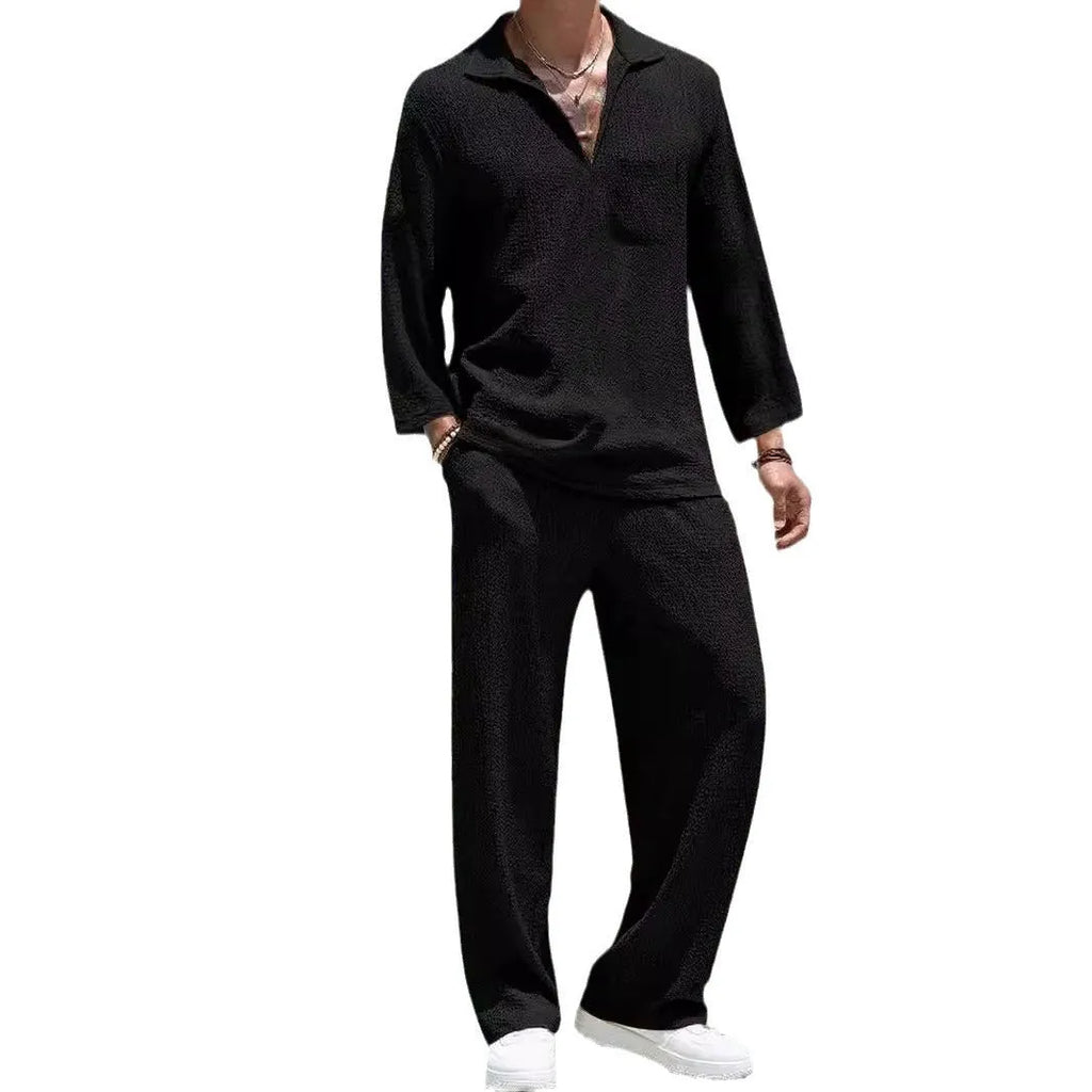 Men's casual shirt trousers set in polyester fabric showing lake blue, khaki, black, and caramel colour options