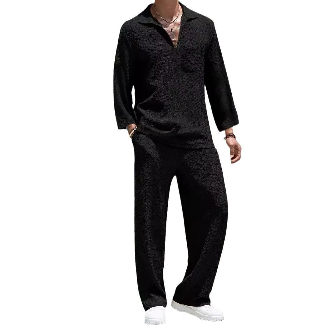 Men's casual shirt trousers set in polyester fabric showing lake blue, khaki, black, and caramel colour options