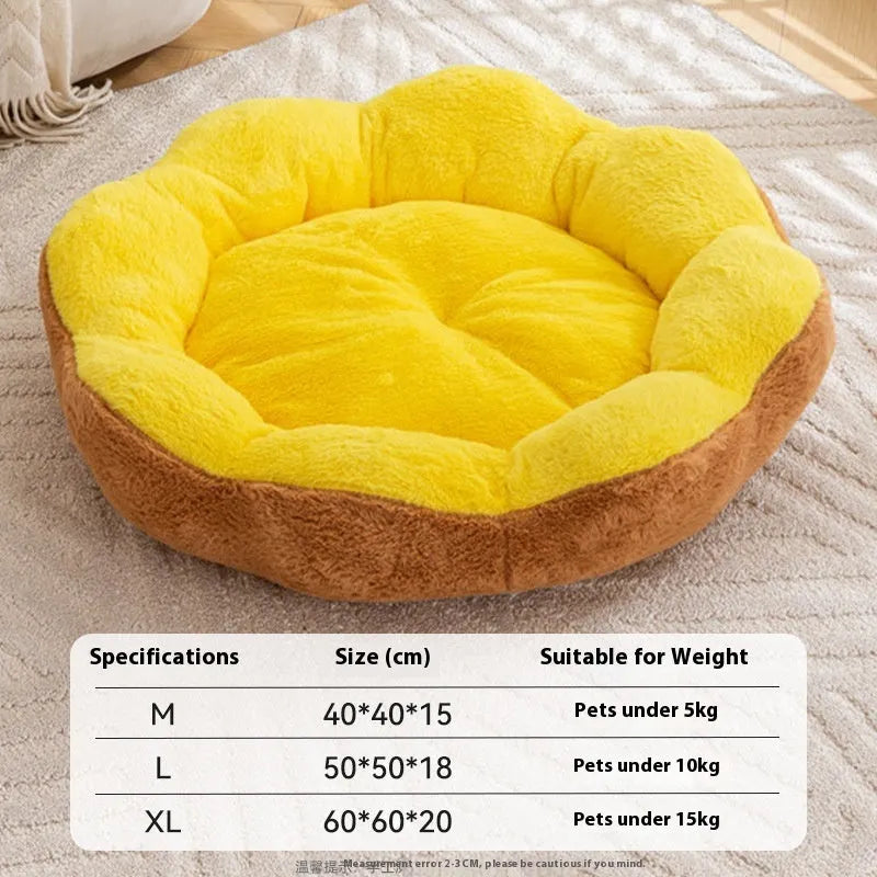 Round rabbit plush cat bed with removable washable cover in brown grey colour