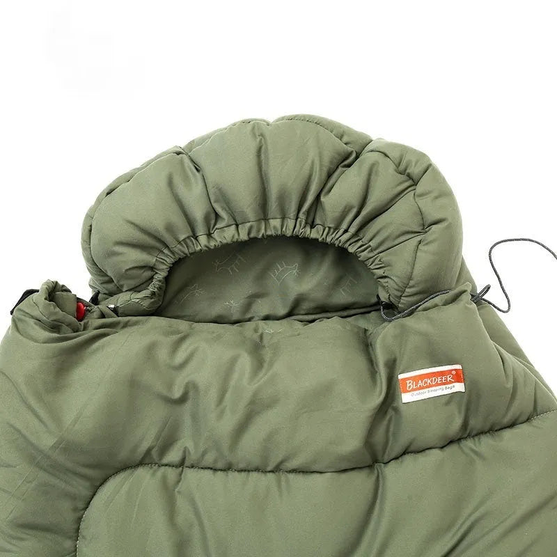Cotton sleeping bag showing ochre and olive green colour options for outdoor camping use