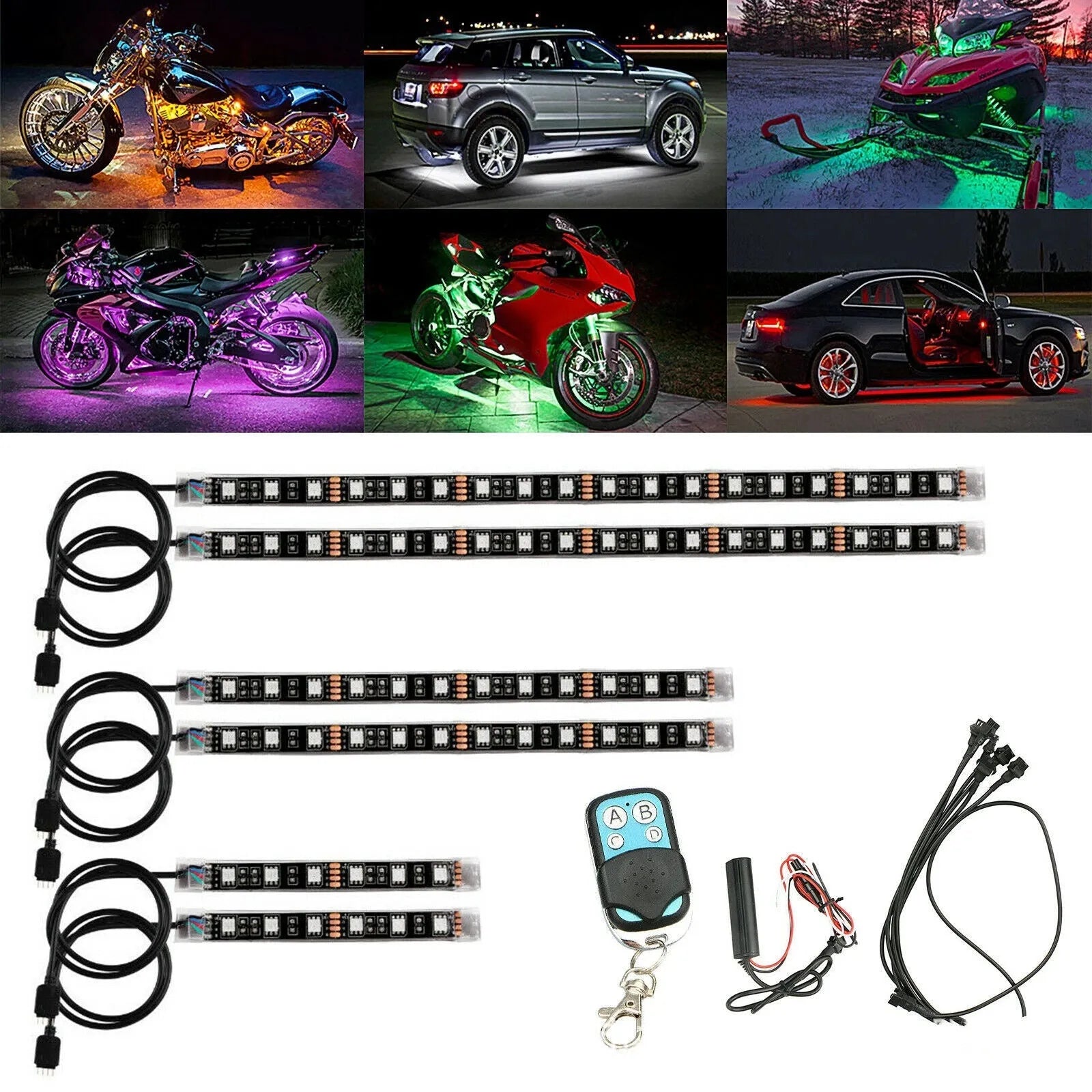 RGB LED light bar kit with wireless remote for car and motorcycle atmosphere lighting