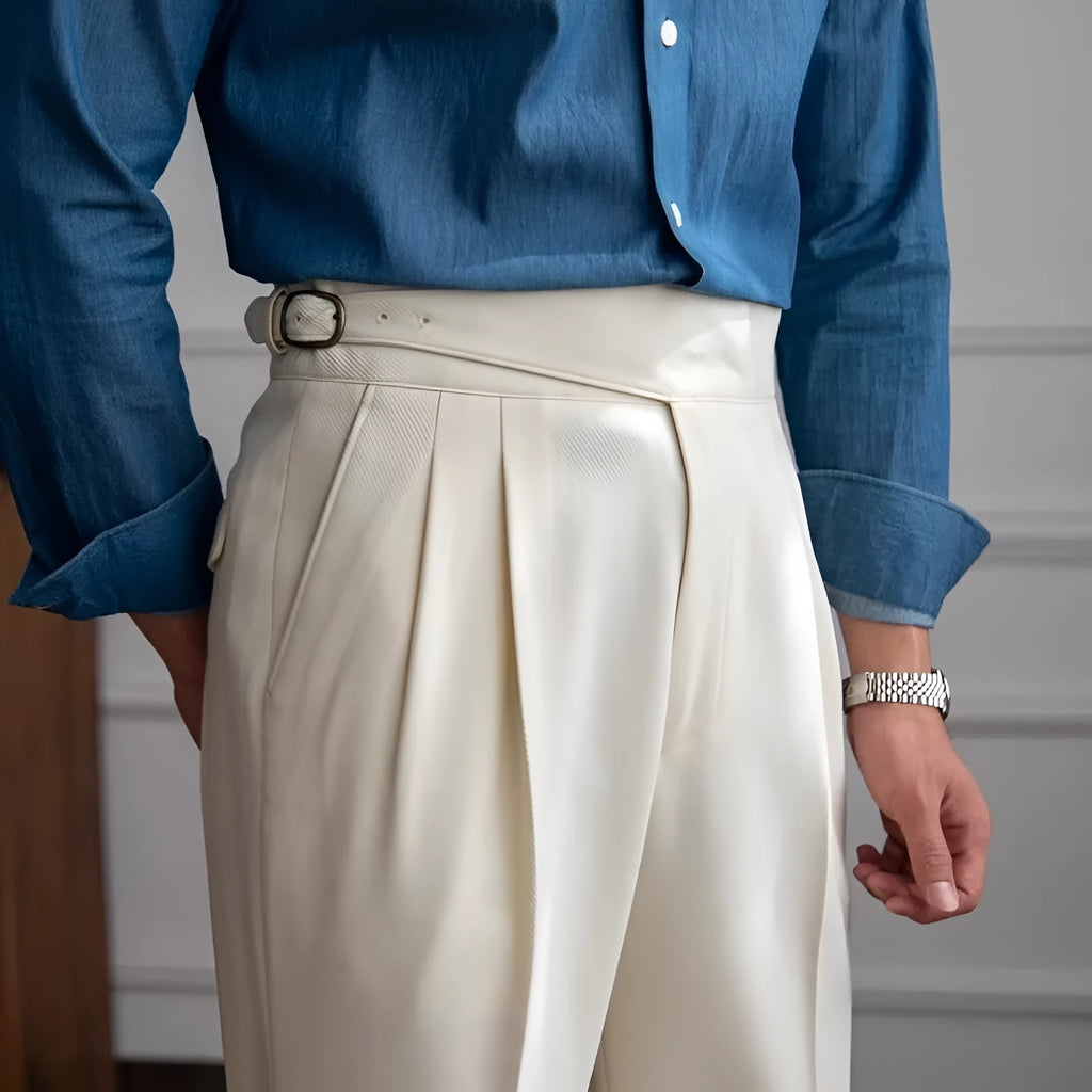 Men's high waist straight leg casual trousers in polyester fabric showing classic fit and straight silhouette