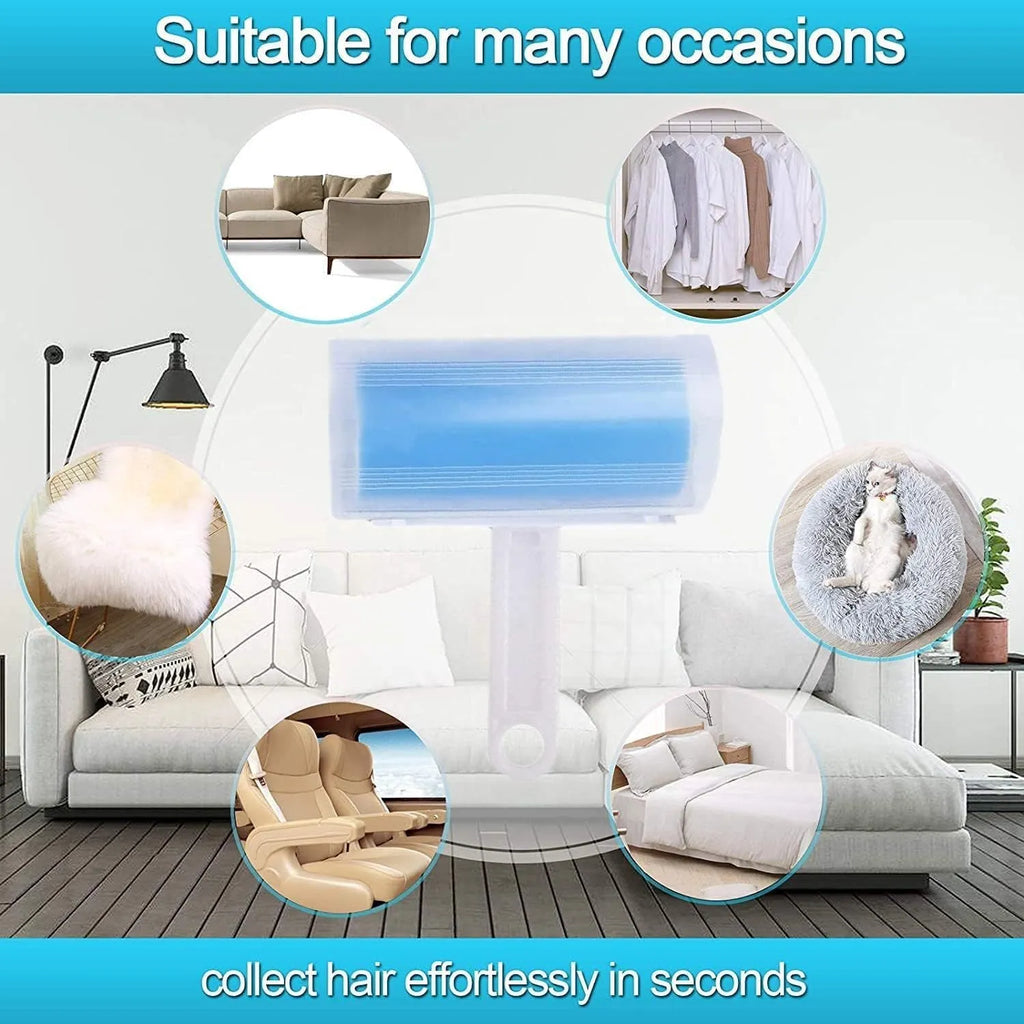 Blue reusable washable sticky lint roller with protective cover for removing pet hair.