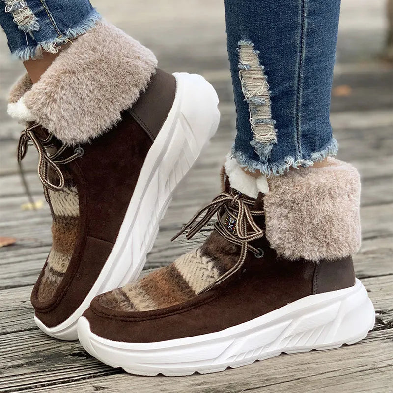 Women's beige lace-up snow boots with suede upper and thermal plush lining