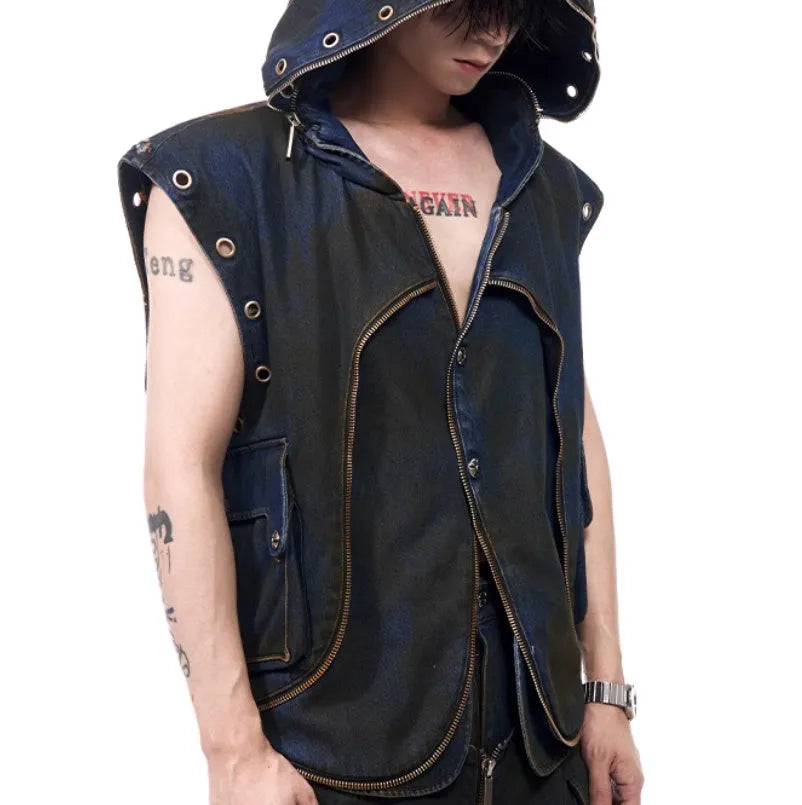 Blue polyester Korean-style hooded denim vest coat outfit with matching trousers on model
