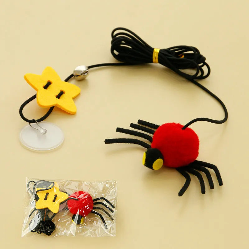 Hanging door cat toy with elastic rope, feather bell spider attachment in red colour