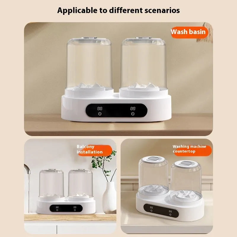 White USB double bucket portable mini washing machine for socks and underwear.