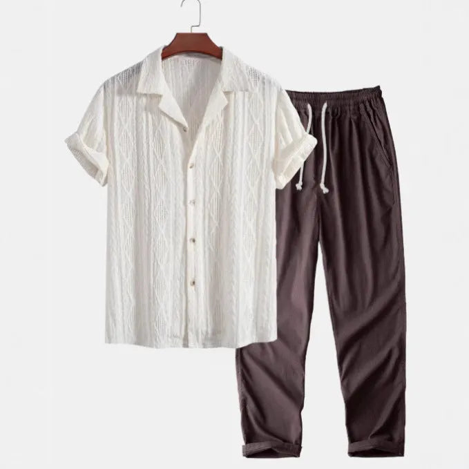 Men's slim fit camouflage print casual suit with short sleeve shirt and trousers.