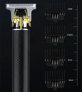 Black USB rechargeable electric hair clipper with gold steel blades and four comb attachments