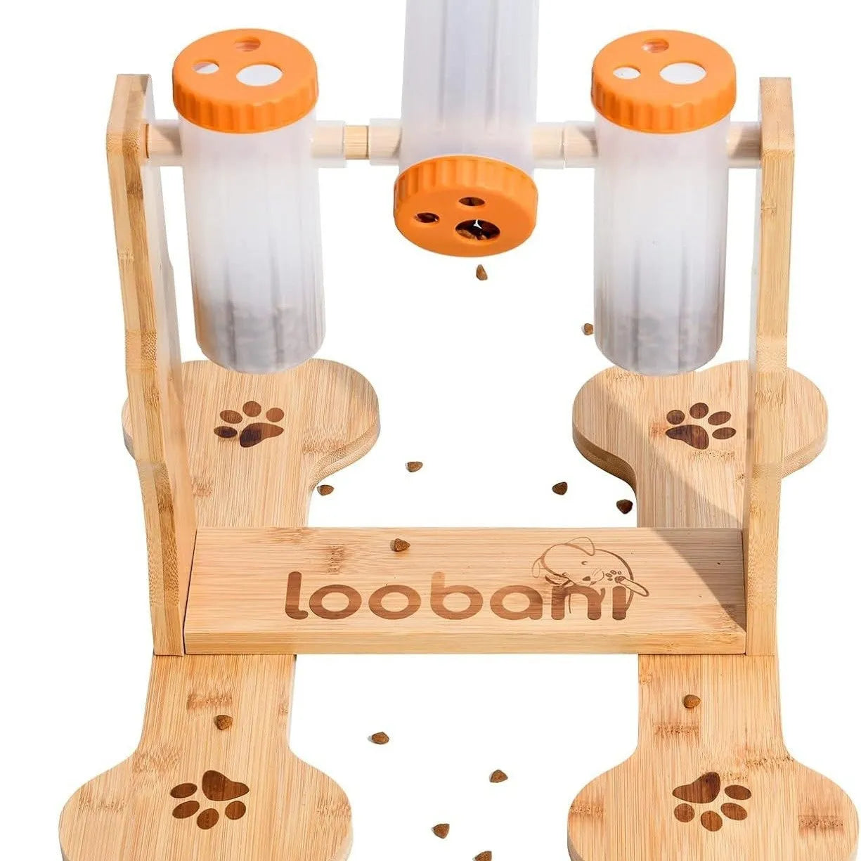 Wooden dog puzzle feeder with multiple compartments measuring 31×30×20cm