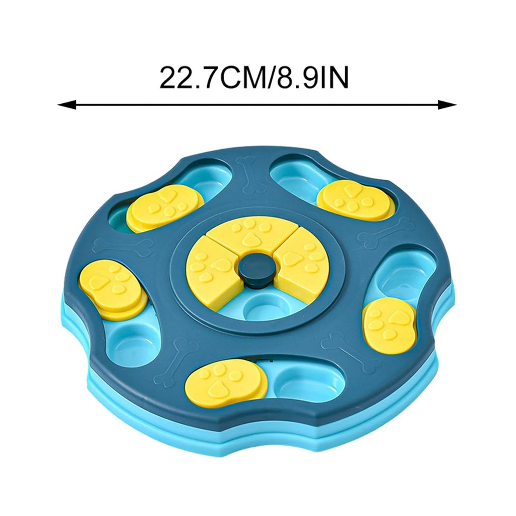 Blue and pink interactive dog puzzle feeder toy for slow eating and mental games
