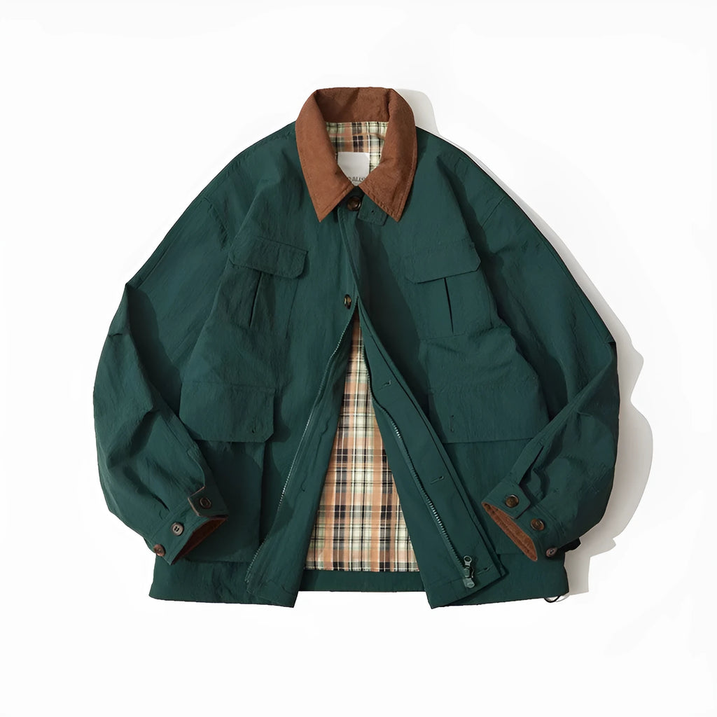 Green and apricot casual jacket with side seam pockets and regular long sleeves