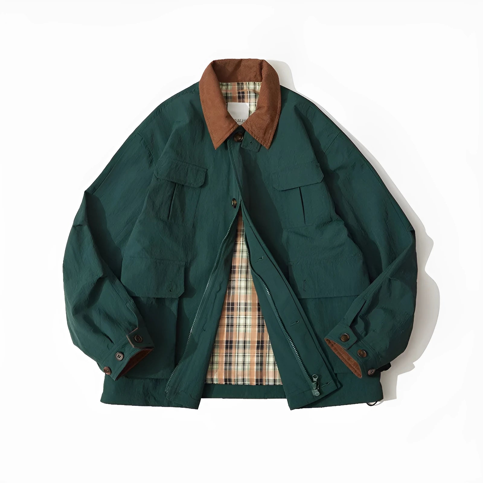 Green and apricot casual jacket with side seam pockets and regular long sleeves