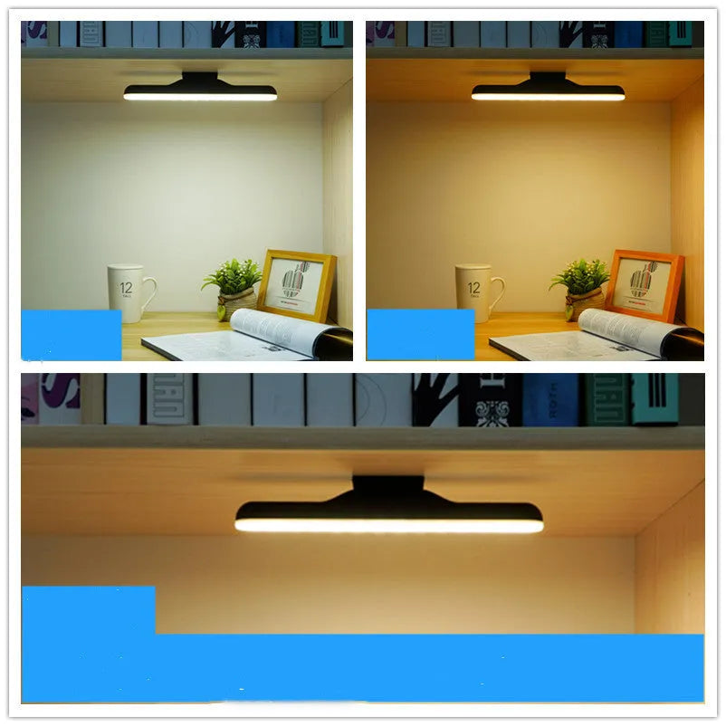 Modern white plastic rechargeable desk lamp with touch-sensitive base for dimming control on a wooden desk.